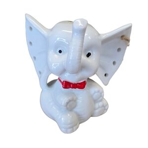 Vintage White Ceramic Elephant Earring & Ring Holder with Red Bow New Condition